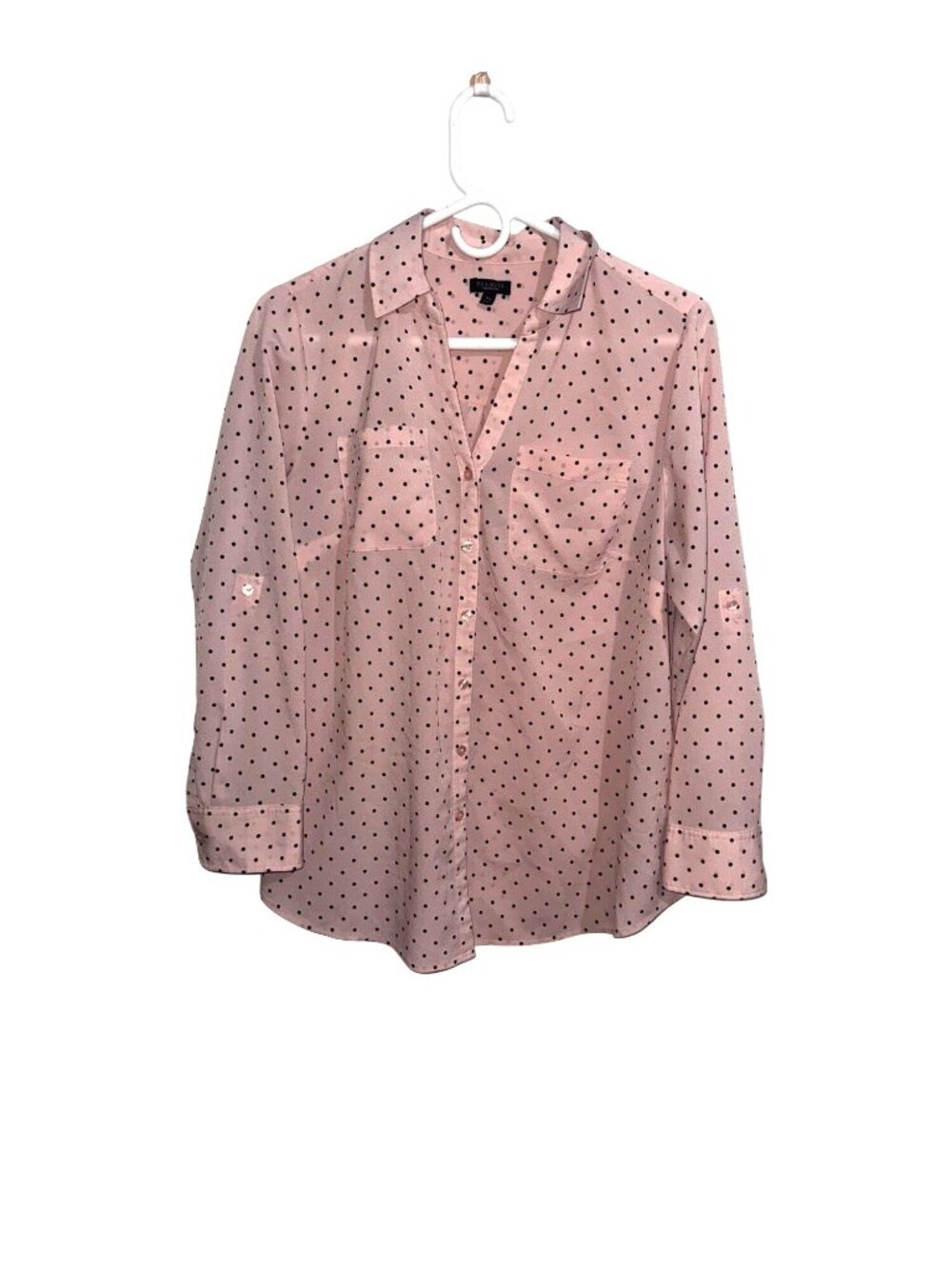 Talbots Womens Petites Pink Button-Down Shirt W/ Black Polka Dots Size 1XP